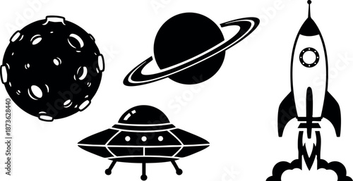 Space themed vector set featuring moon planet spaceship rocket in black silhouette style for cosmic design and science projects