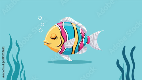 Vibrant tropical fish with colorful stripes swimming peacefully underwater near seaweed with small bubbles rising to the surface.