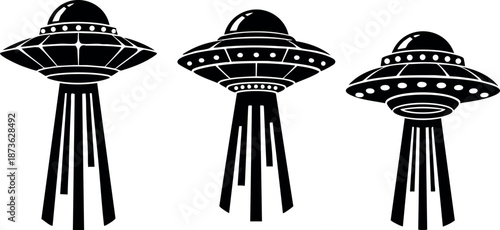 Futuristic flying saucer spaceships with beam lights silhouette vector design set