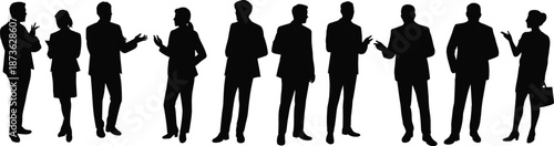 Silhouette of diverse people walking in side profile, set of men and women moving forward for urban life and exercise.