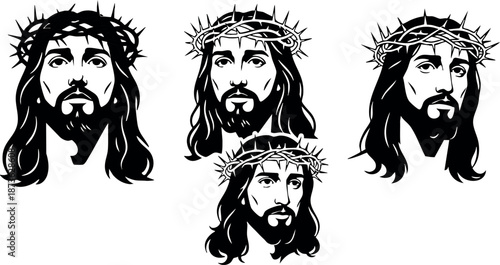 Jesus Christ face with crown of thorns black and white vector illustration set of four different angles and expressions