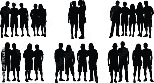 Silhouette of friends and couples standing together, set of diverse groups of people in casual poses for social gathering concepts.