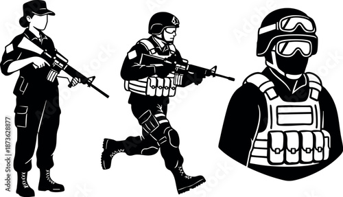 Tactical soldier team in combat gear with rifles and helmet in action military vector illustration
