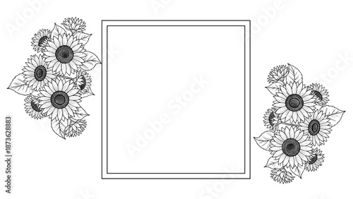 Blank square frame decorated with beautiful black and white sunflower illustrations on the left and right sides for cards.
