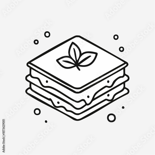 Isometric lasagna illustration showcasing classic italian food with leaf decoration drawing