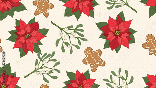 Seamless Christmas pattern featuring red poinsettia flowers, smiling gingerbread men, and mistletoe branches on a cream background.