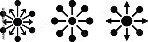 Radial network connection icons set. Connectivity and network distribution icon set with centralized hub and expansion arrows. Technology systems, and business connectivity in presentations.