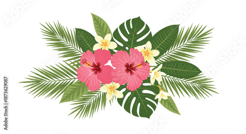 Beautiful tropical arrangement of pink hibiscus flowers and lush green palm leaves on a plain white background for design.