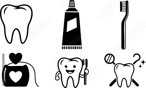 Dental care icons including tooth, toothpaste, toothbrush, floss, happy tooth with brush, and dental tools vector set