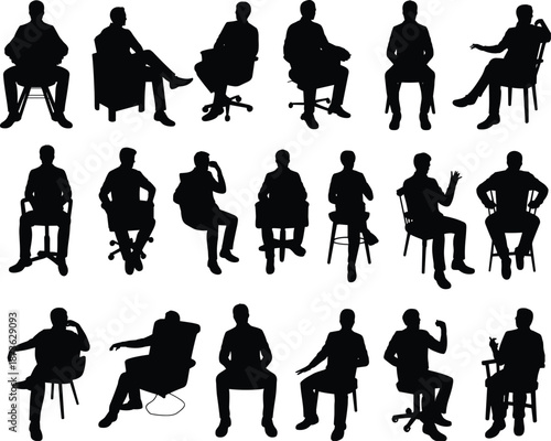 Silhouette of men sitting in various chairs and poses, set of male figures in office, home, and professional seating positions.