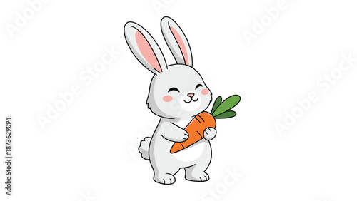 Adorable white cartoon bunny standing and holding a large orange carrot with a happy expression and rosy cheeks.