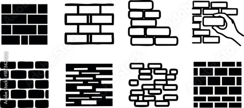 Brick wall vector icons showing different brick patterns and hand placing brick design