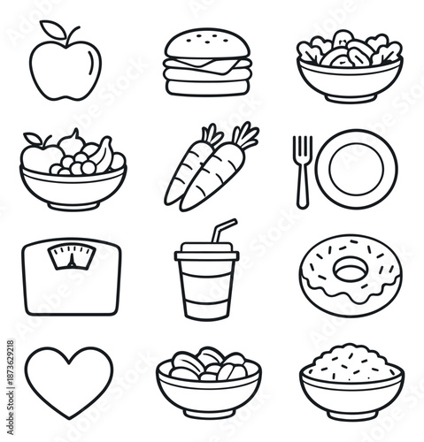 Hand drawn line art food and diet icon set featuring healthy and unhealthy eating choices with lifestyle symbols for nutrition concepts