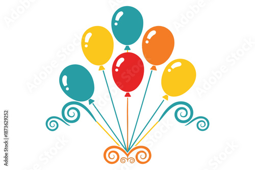 colorful balloons tied together with curly ribbons on white background