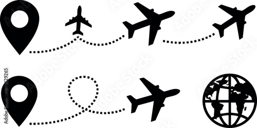 Airplane route icons with location markers and globe symbol vector illustration for travel navigation and global flights