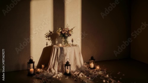 Romantic Evening Setup with Flowers and Lanterns.