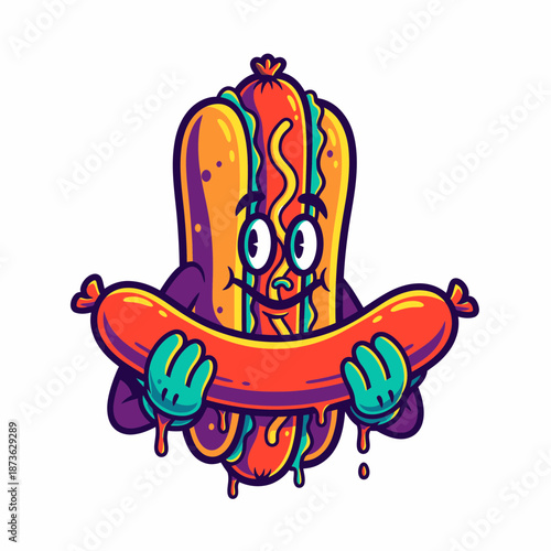 A vibrant and whimsical cartoon hot dog character holding a large sausage with a melting, colorful design.