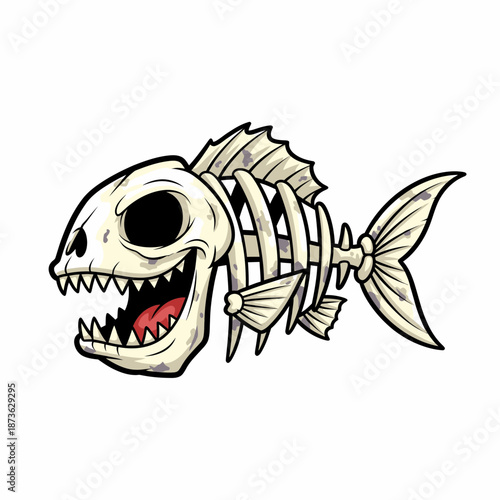 Cartoon fish skeleton with sharp teeth and empty eye sockets, grinning menacingly.