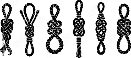 Various black rope knots vector illustration showing different tied configurations and designs for diverse uses