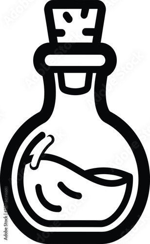 A black and white illustration of a glass bottle with a stopper