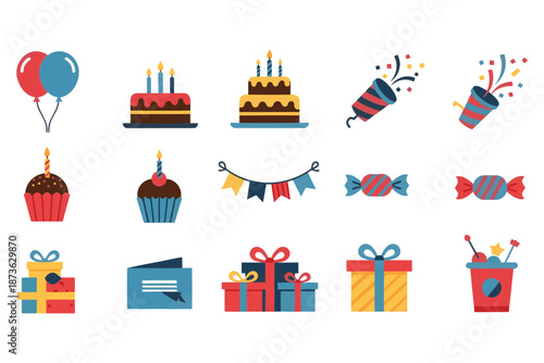 colorful birthday celebration icons including cakes balloons and gifts on white background
