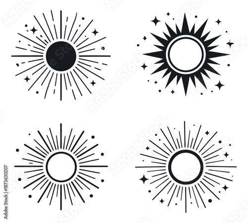 Minimalist line art celestial symbols set featuring sunbursts, rays, and stars for bohemian design and magical branding