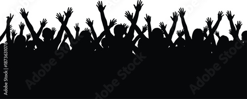 Silhouette cheering crowd with raised hands at concert or rally, people celebrating unity, freedom and energy, concept of excitement, festival, teamwork, joy, and togetherness