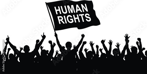 Silhouette crowd protesting for human rights, people raising hands and flag, unity, freedom, equality, justice, social movement, activism, democracy, and global awareness concept symbol