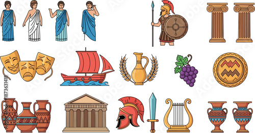 Ancient Greek and Roman history icon set featuring Spartan warriors columns amphora vases theater masks temples ships and mythological culture elements vector.
