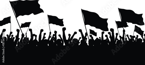 Silhouette crowd waving flags, people raising fists at protest or rally, concept of freedom, unity, revolution, activism, and social movement