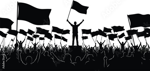 Silhouette leader standing above cheering crowd waving flags, people united in protest or celebration, concept of freedom, power, revolution, unity, leadership, and social movement