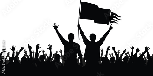Silhouette leaders holding flag above cheering crowd, people raising hands in unity, concept of freedom, victory, leadership, celebration, power, teamwork, and social movement