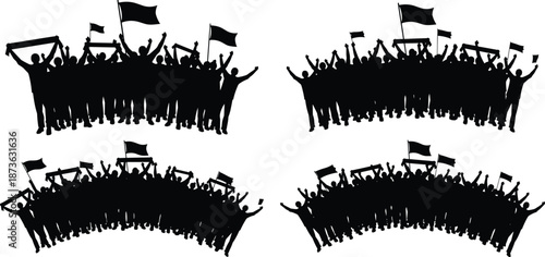 Silhouette of cheering crowd with flags and banners, sports fans celebrating victory, group of people protesting on street, football supporters vector illustration set