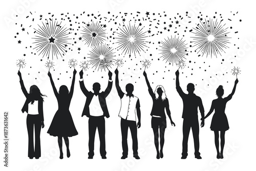 silhouette of a group of people celebrating with sparklers and fireworks on a white background