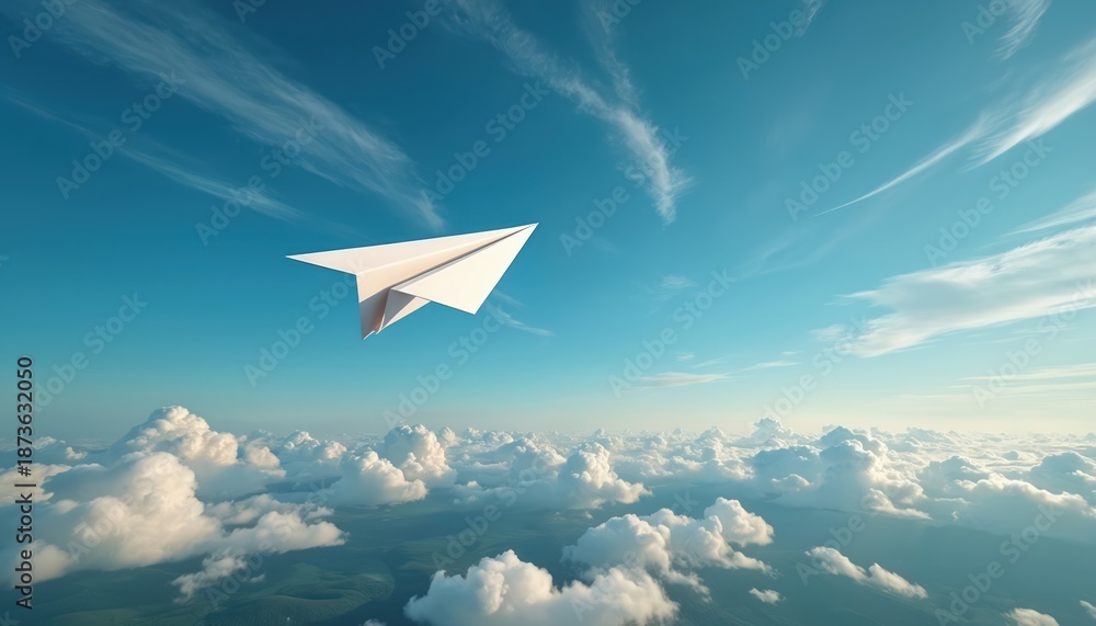 Fototapeta premium Paper airplane flies high in blue sky above white clouds. Toy plane soars through air. Concept of freedom, travel, dreams and childhood. Paper plane adventure in the sky background.