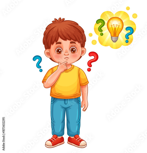 Curious child boy thinking, ask question. Confused thoughtful kid and light bulb. Creative idea, education knowledge, imagination. Pensive intelligent young person contemplation answer solving. Vector