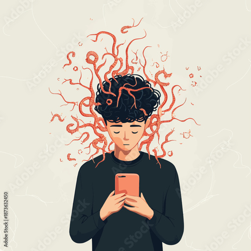 Mobile phone internet addiction, vector illustration of addicted man holding a phone with worms growing from it, brain damaging and degradation. , vector style simple color