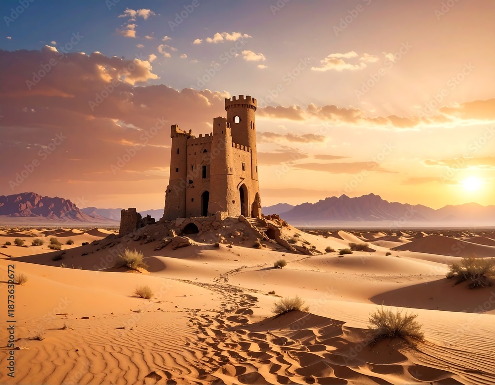 Obraz premium Ancient desert fortress in the sand under a warm sunset glow