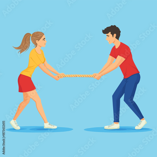 Tug of war struggle between young man and woman, vector illustration of a young people in hard concurrency pulling a rope. , vector style simple color