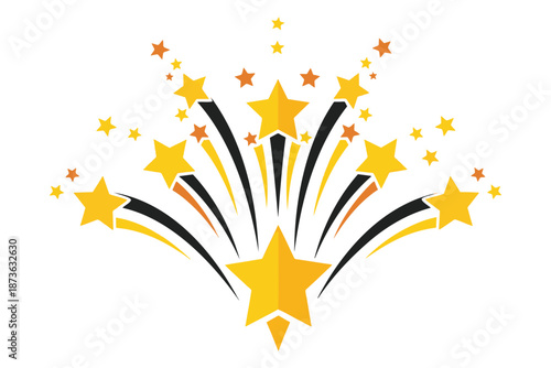 Yellow stars and black streaks flying outwards in all directions on white background