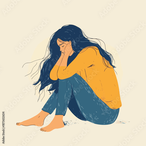 Young woman feeling stressed and uncomfortable, vector illustration of a person having mental disorder panic and anxiety, psychological problems. , vector style simple color