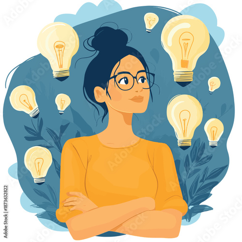 Young woman having a lot of ideas and choosing best one to solve some problem, vector illustration of a young person who is choosing between different ideas which one is working