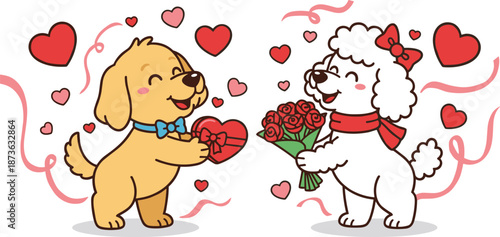 Cartoon dogs exchanging gifts with roses and hearts, Valentine's Day puppy couple, festive love scene with ribbons and affection