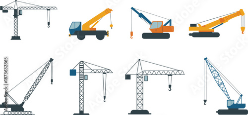 Construction crane types illustration with tower, mobile, crawler, and truck-mounted cranes in stylized engineering layout