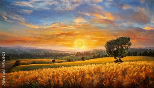 Oil Painting Sunrise In The Field Art Work
