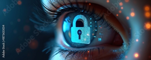 Close up of human eye shows security padlock and binary code. Cyber protection data concept. Biometric scanning illustration about digital identity, access and privacy.