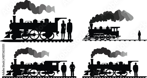 Steam locomotive silhouettes with human figures, vintage train comparison, black vector illustration, railway scale concept, retro transportation design