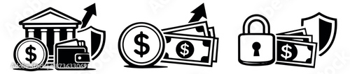 Line art finance icons set featuring a bank building, wallet, money, shield, padlock, and growing arrow for banking and financial security