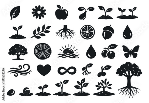 Graphic nature icon set featuring various plants, fruits, seeds, natural elements, and growth stages for environmental and organic themes