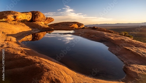 Golden Puddle Reflection On Desert Rock